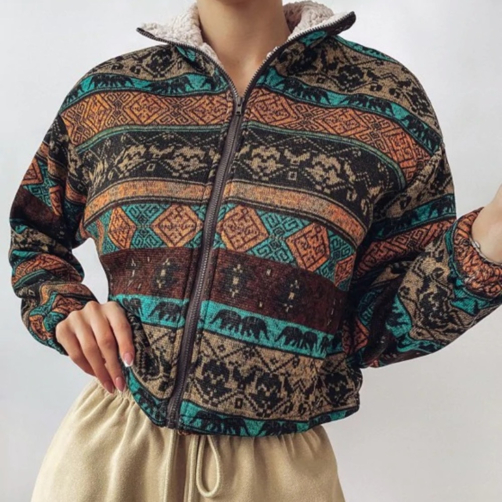 Tribal print plaid faux fur jacket